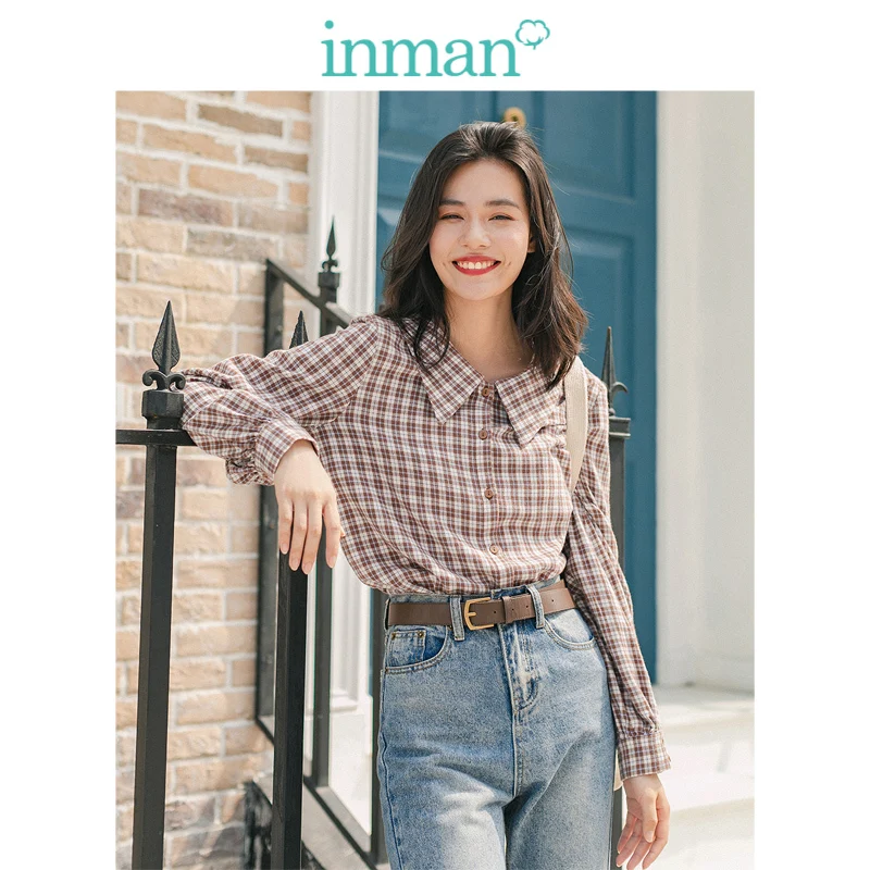 INMAN, зима 2019, Новое поступление, Ретро стиль, 100% хлопок, кукольный воротник, клетчатая Свободная Женская блузка с длинным рукавом INMAN, зима 2019, Новое поступление, Ретро стиль, 100% хлопок, кукольный воротник, клетчатая Свободная Женская блузка с длинным рукавом