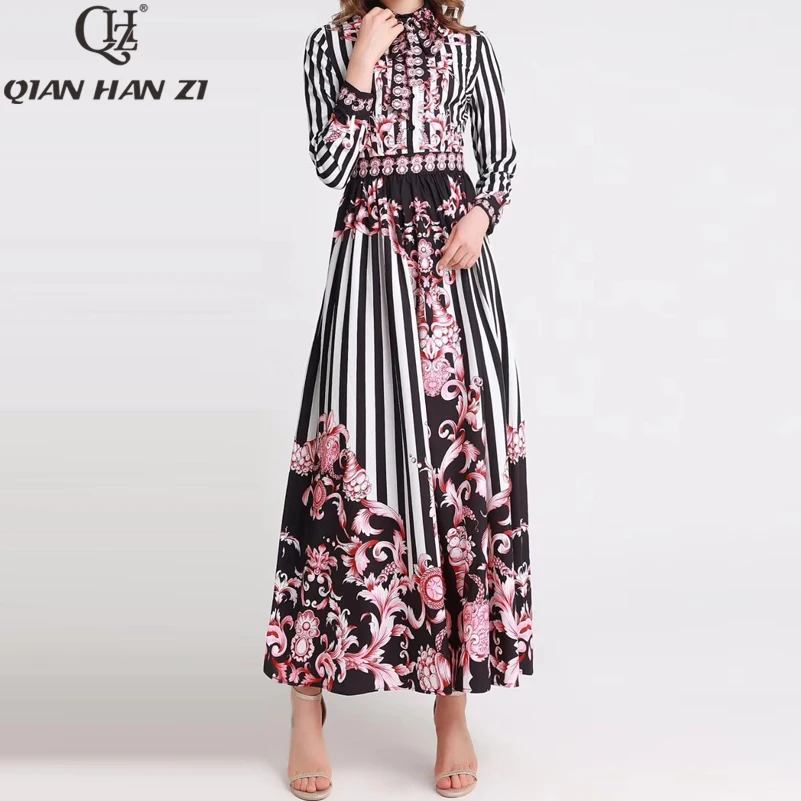 

Qian Han Zi 2019 Designer fashion runway Maxi dress Women's Long Sleeve Bow Flowers Striped Print Slim vintage Long dress