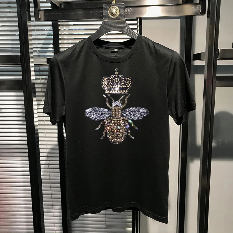 New Fashion Bee Crown Rhinestone Short Sleeve Luxury Men T