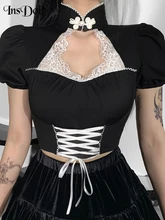 

InsDoit Gothic Puff Sleeve Lace Up Corset T Shirts Women Vintage Lace Hollow Out Black Crop Top Turtleneck Summer Sexy Slim Tees