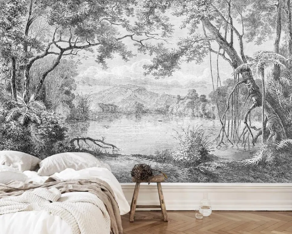e branco europeu mural floresta retro pintados à mão selva linha pintura