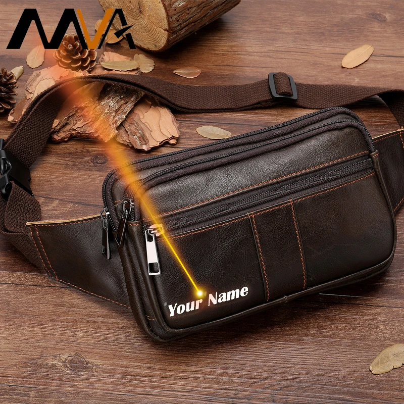 

MVA Free Engrave Men Waist Bag Belt Bag Men Leather Crossbody Bags Man Waterproof Fanny Pack Belt Bags Chest Men Vintage 8977