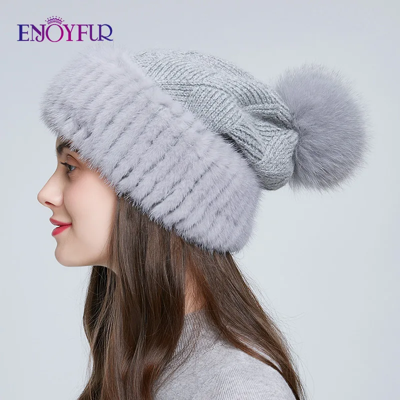 Ceny ENJOYFUR zimowe futra norek wełniane dziane czapki dla kobiet pompon z futra lisa slouchy modne czapki ciepłe czapki dla młodzieży