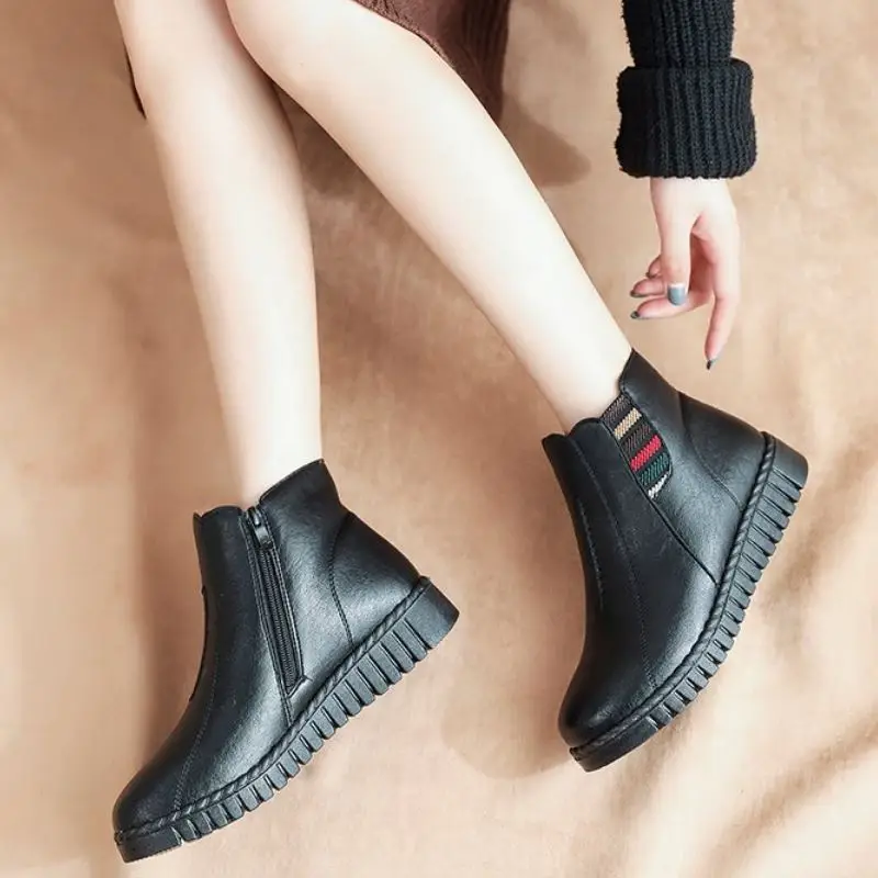 Coolcept Ankle Boots For Women Plush Fur Warm Winter Mom Shoes Women Fashion Zipper Round Toe Cotton Footwear Size 35-39 - Цвет: Черный