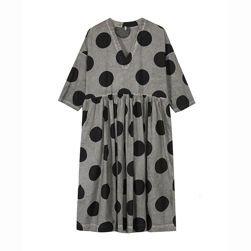 [EAM] Women Black Dot Print Pleated Big Size Dress New V-Neck Three-quarter Sleeve Loose Fit Fashion Spring Autumn 1A112