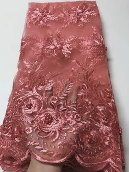 

African Lace Fabric Embroidered with pink Nigerian Fabric Lace for Wedding High Quality French Tulle Lace Fabric with Beads YJU2