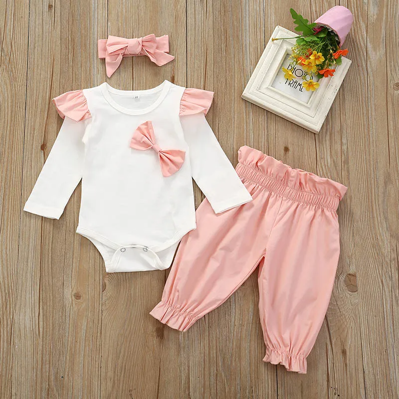 

0-24M Spring Baby Girl Long Sleeve Bowknot Design Romper Tops Trousers Headband Outfits Clothes