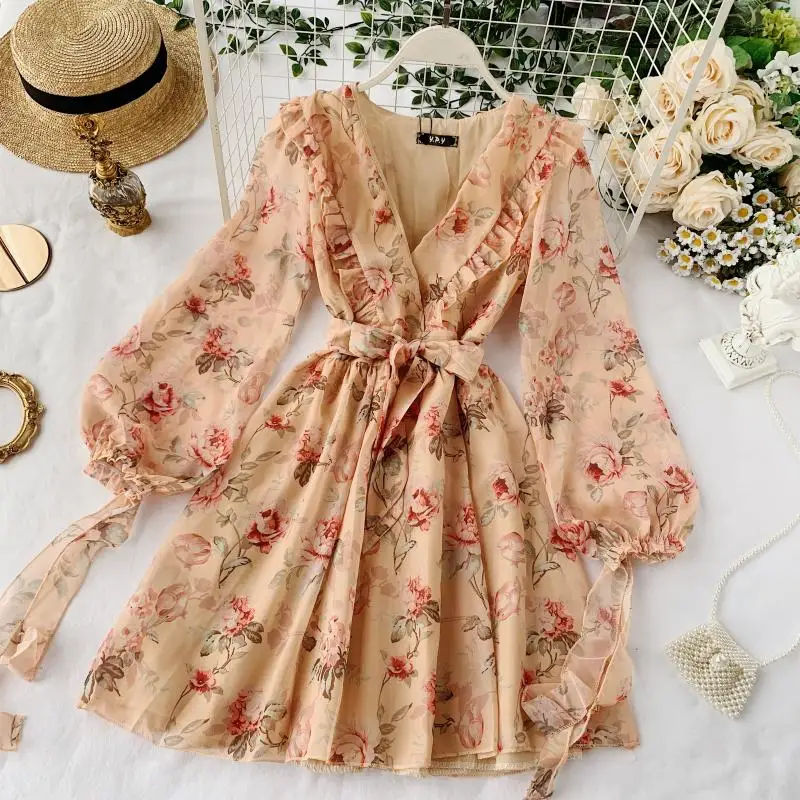 

2019 Autumn New Elegant Party Dress Women Ins Print Mixed Chiffon Dress Bubble Sleeve Sexy V-neck Lace Floral Dress Female