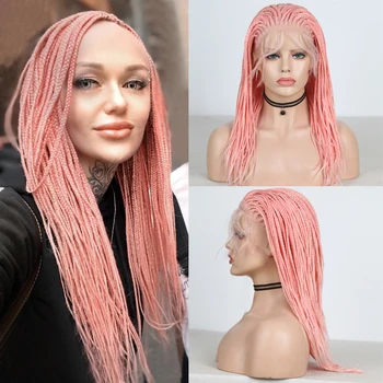 

Charisma Short Wigs Box Braids Braided Pink Wig with Baby Hair Synthetic Lace Front Wig for Women Cosplay Wigs Heat Resistant