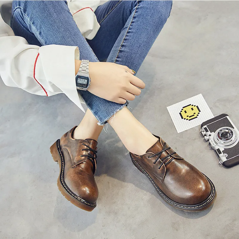 Vintage Women Flat Oxfords Shoes British Soft Leather Student Platform Brogues Shoes Flat College Lace Up Oxford Shoes For Woman (15)