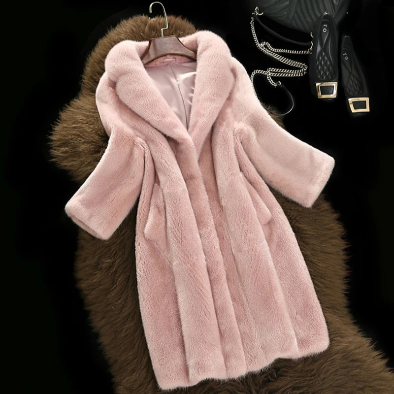 Женское пальто из искусственного меха, осенне-зимнее Элегантное Длинное меховое пальто с отложным воротником, плюшевое теплое пальто с карманом - Цвет: Розовый