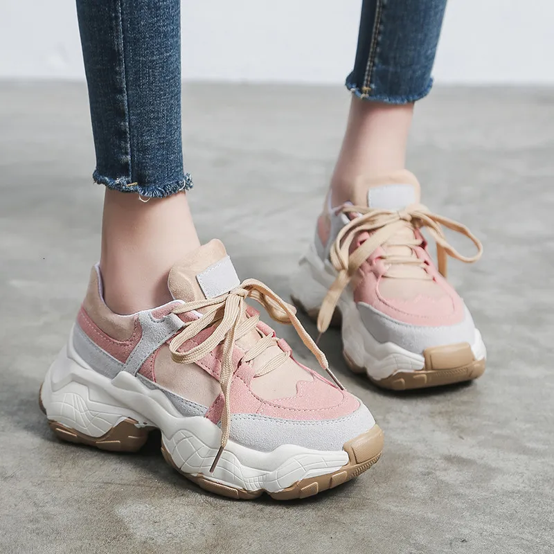 

2019 Autumn Casual Shoes Woman Lace Up Round Toe Vulcanize Shoes Platform Sneakers Student 5cm Tinck Bottom Comfortable Flats