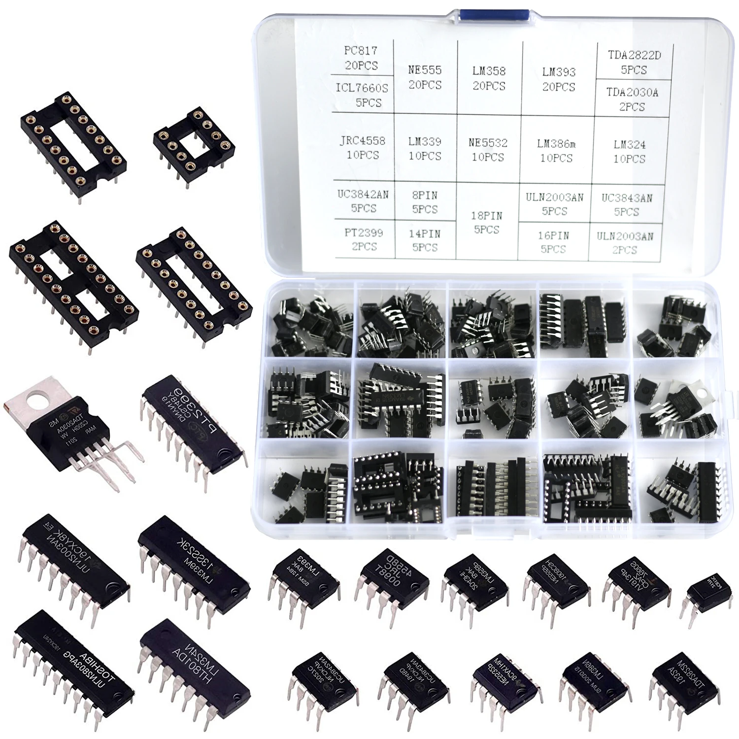 

181pcs IC Chip Assortment, opamp, oscillator, pwm, PC817, NE555, LM358, LM324, JRC4558, LM393, LM339, NE5532, LM386, TDA2030