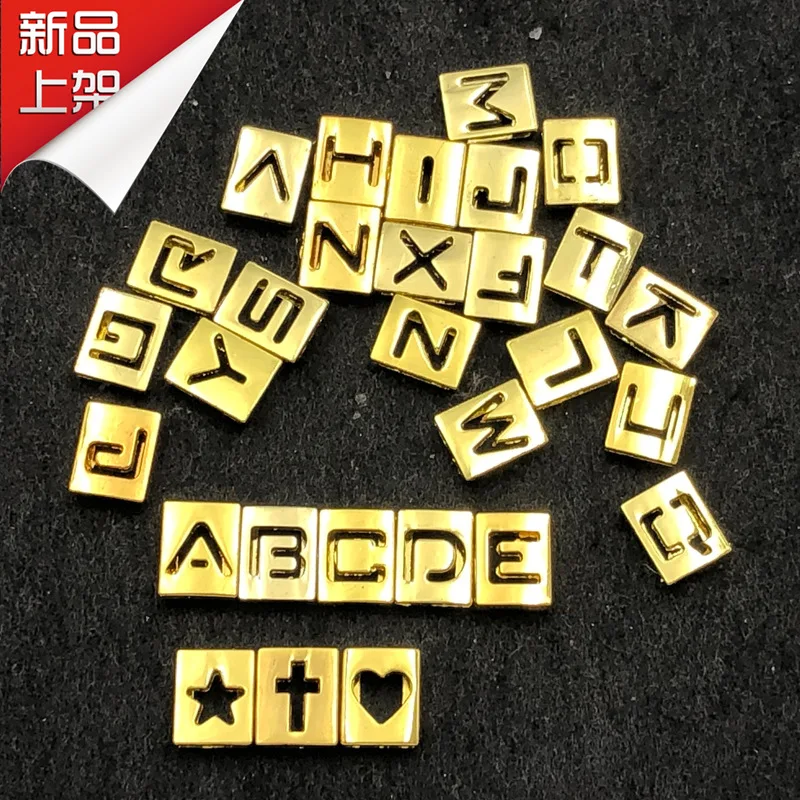 

26pcs Hollow Metal Letter Slide Charms Gold Square Initial Alphabet Slider Fit For 8mm Leather Mesh Bracelet Keychain Necklace