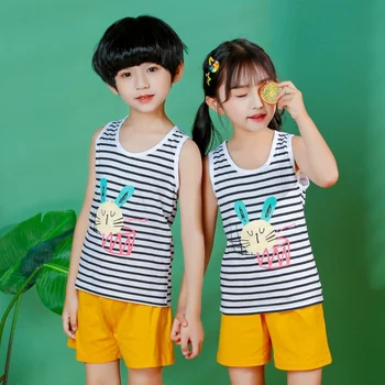 

2 Pcs Summer Girl Boys Pajamas Sets Children's Outfits Vest Pants Sleepwear 100% Cotton Cartoon Pyjamas Kids Pijamas Nightwear