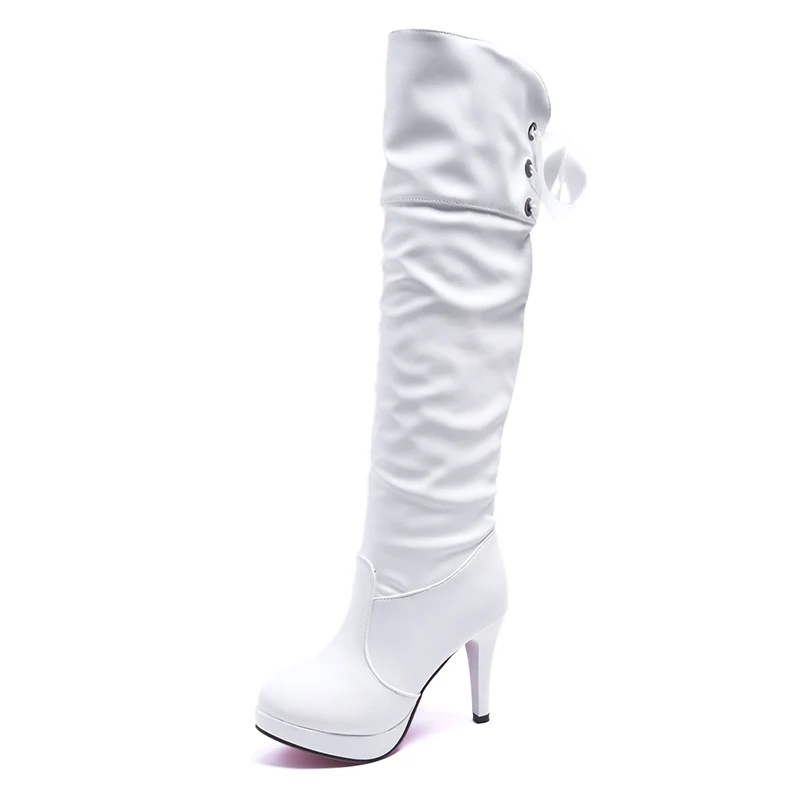 Fujin/высокие сапоги; женские зимние сапоги с острым носком; Прямая поставка; на платформе; очень высокий каблук; Плюшевые Теплые повседневные сапоги до колена на тонком каблуке - Цвет: Белый