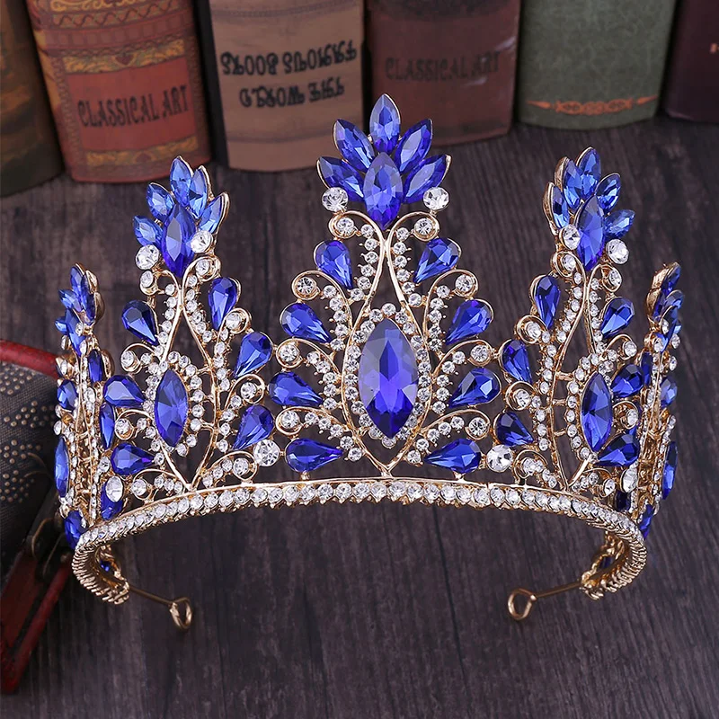 

Pricess Queen Women Luxury Green Gold Blue Red White Big Crystal Tiara and Crowns Hair Jewelry for Bridal Bride Wedding Party