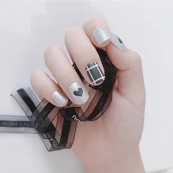 

24pcs/Set Girls Pretty Black Color Heart False Nails Square Head Nail Art Tips with Glue Glitter Lattice Artificial Fake Nails