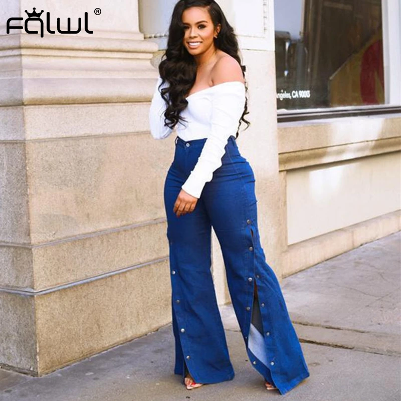 

FQLWL Streetwear Wide Leg Jeans Women Split Buttons Flare High Waisted Jeans Skinny Casual Winter Autumn Ladies Jeans Female