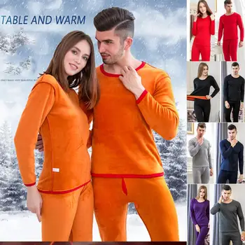 

Women Men Warm Crew Neck Double-Layer Thickening Fleece Top Pants Thermal Underwear for Winter