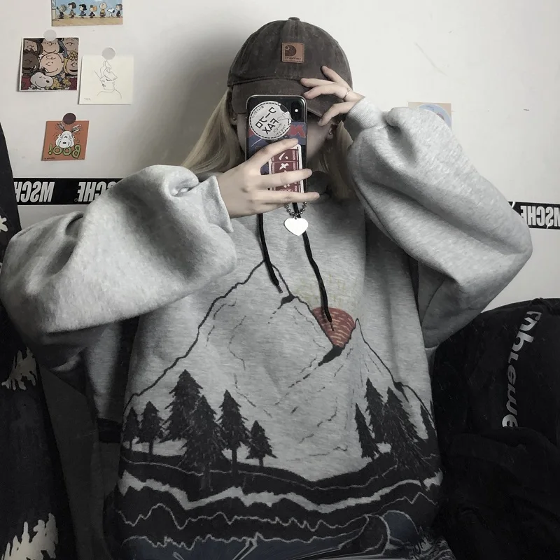 Woherb толстые толстовки для женщин Harajuku негабаритных толстовка японский мультфильм горный студентов длинный стиль Дамы Винтаж кофты