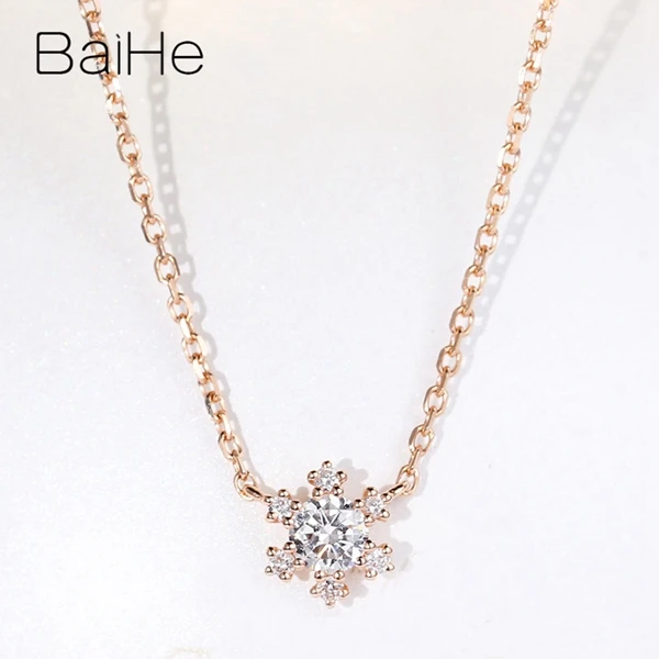 BAIHE Solid 18K розовое золото Сертифицированный 0.15ct круглый H/SI натуральный бриллиант помолвка модные ювелирные изделия Подарок ожерелья