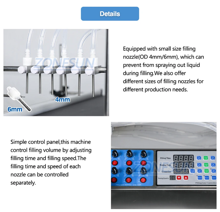 ZONESUN ZS-DTPP6B Desktop 6 Heads Peristaltic Pump Liquid Filling Machine With Conveyor