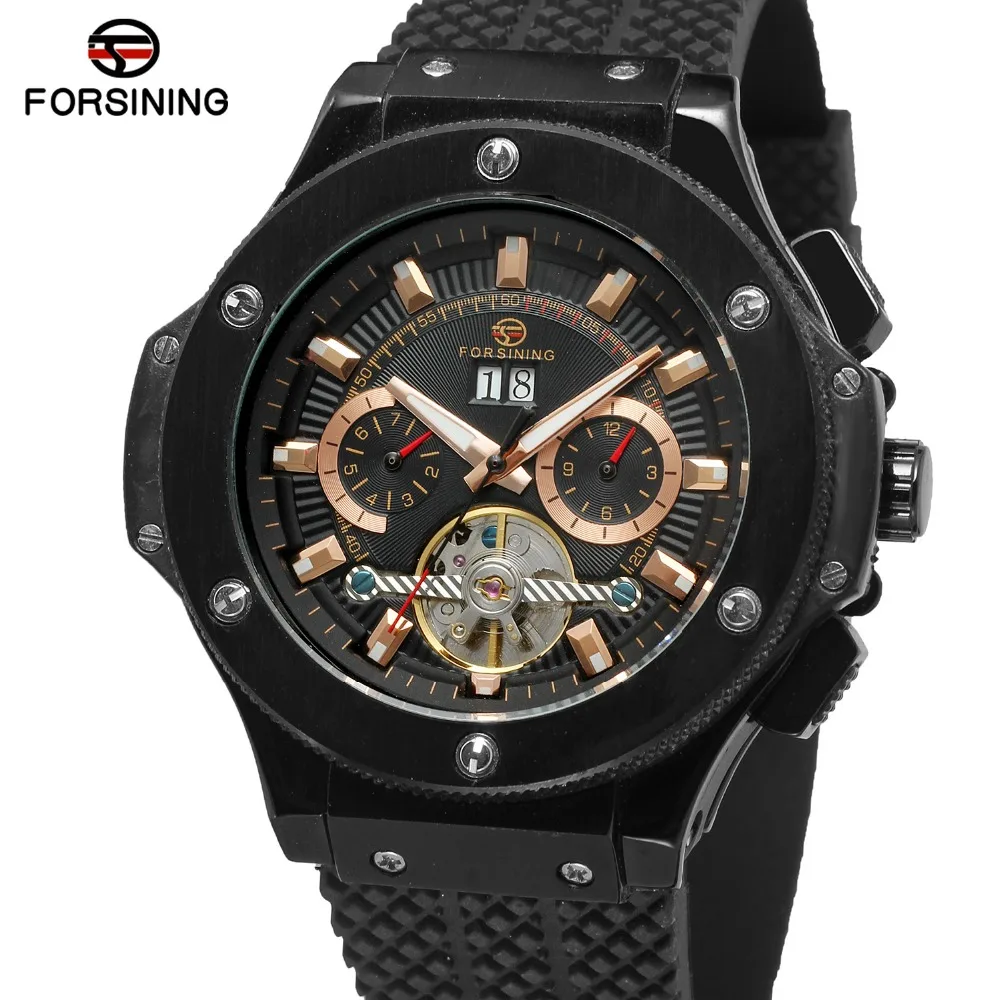 FORSINING Top Brand Luxury Rubber Band Sport Watches Black Case Tourbillon Designer Watch Male Automatic Mechanical Mens Watch