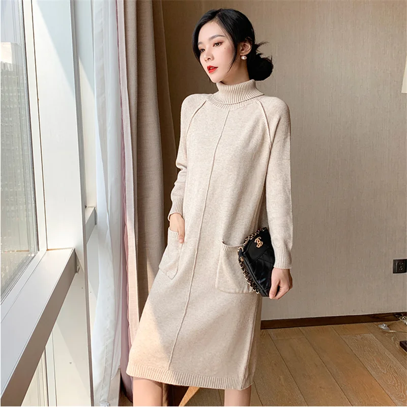 

Winter Sweater Dress Female Over the Knee Turtleneck Sweater Dress Temperament Knitted Dress 2020 Spring New Mid-length Dress