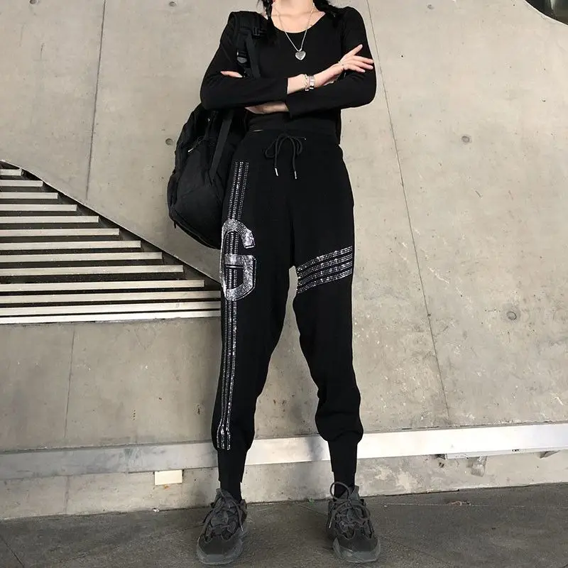Heavy Embroidery Hot Drilling Knitted Trousers Women's Loose Slimming Harajuku Style Diamond-Embedded Harem Pants Women Trousers