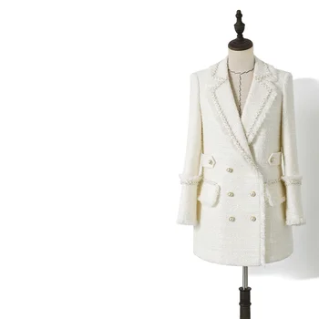 

Women beige double breasted long tweed coats 2020 office ladies tassel coats autumn winter weave outerwear girls chic y588