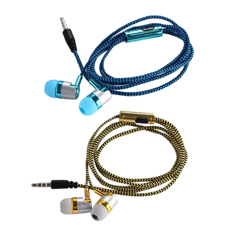 2 Pcs H-169 3.5mm MP3 MP4 Wiring Subwoofer Braided Cord Universal Music Headphones - Blue & Golden | Электроника