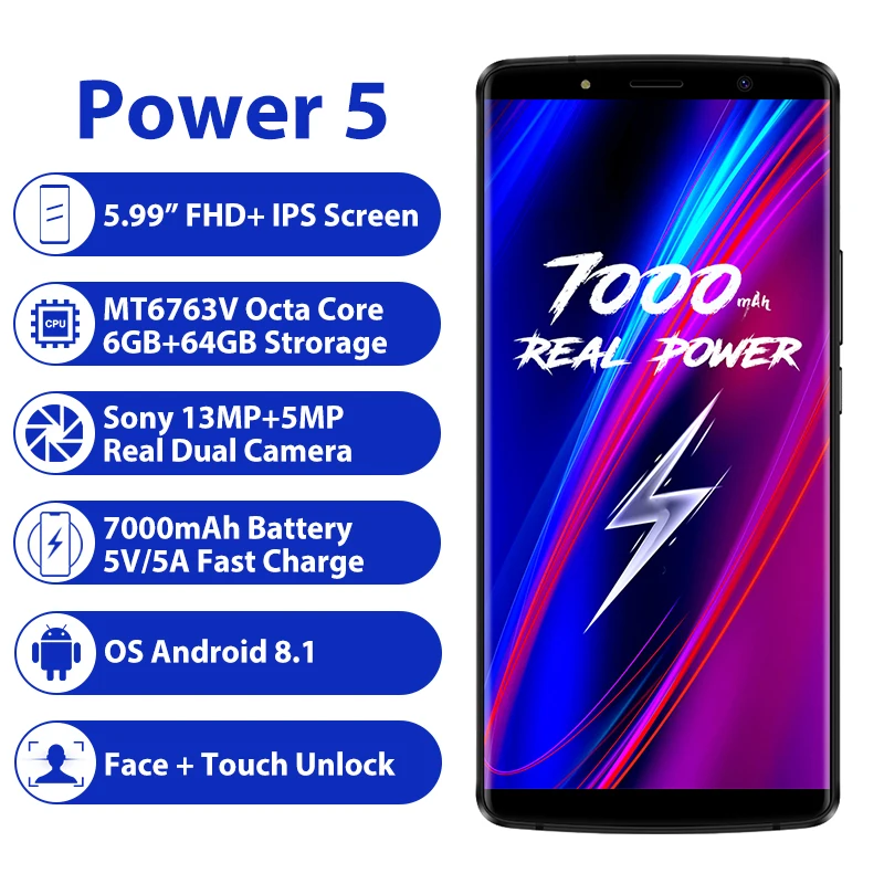 Смартфон LEAGOO Power 5 99 дюймовый экран FHD+ 18:9 ОЗУ 6 ГБ ПЗУ 64 Android 8.1 MT6763 восемь ядер 7000 мАч