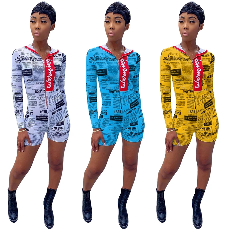 

RStylish Sporty Fitness Playsuit Overalls Women Newspaper Print Long Sleeve Zipper Hoodies Romper Casual Bodycon Short Jumpsuits