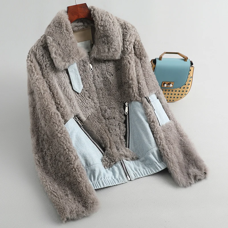 2019 короткое пальто из овчины с отложным воротником длинными рукавами настоящей