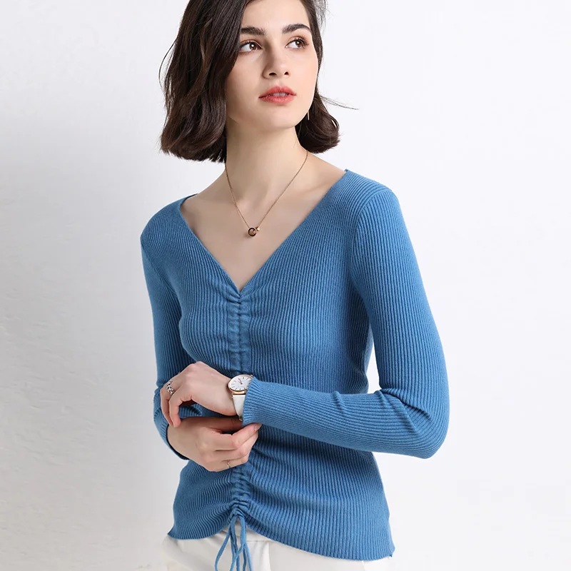 Женский свитер на завязках GCAROL, облегающий джемпер с содержанием шерсти 30%, трикотажный пуловер для офиса с V-образным вырезом, обтягивающий свитер для осени и зимы