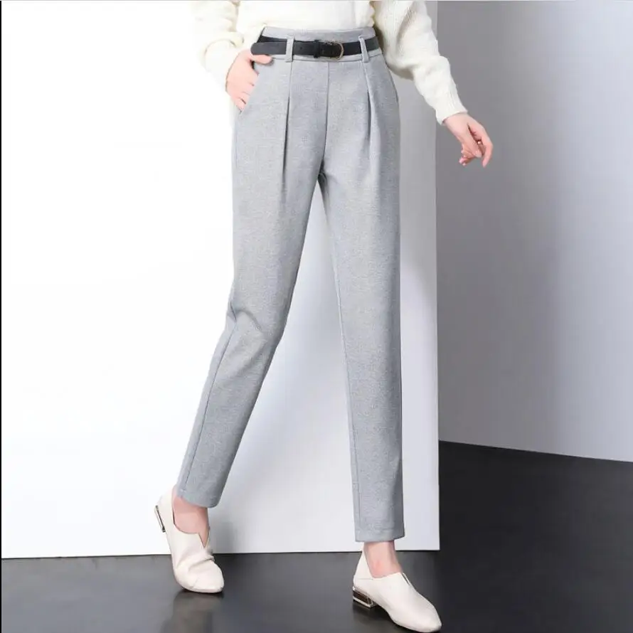 Winter Wool Pants Women Korean High Waist Belted Harem Trousers Female Elegant Autumn Warm Long Work Office Pants Plus Size - Цвет: light gray