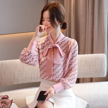 

COIGARSAM Full Sleeve Shirt Womens tops New Spring Chiffon Bow Women shirts Pink Green 9511