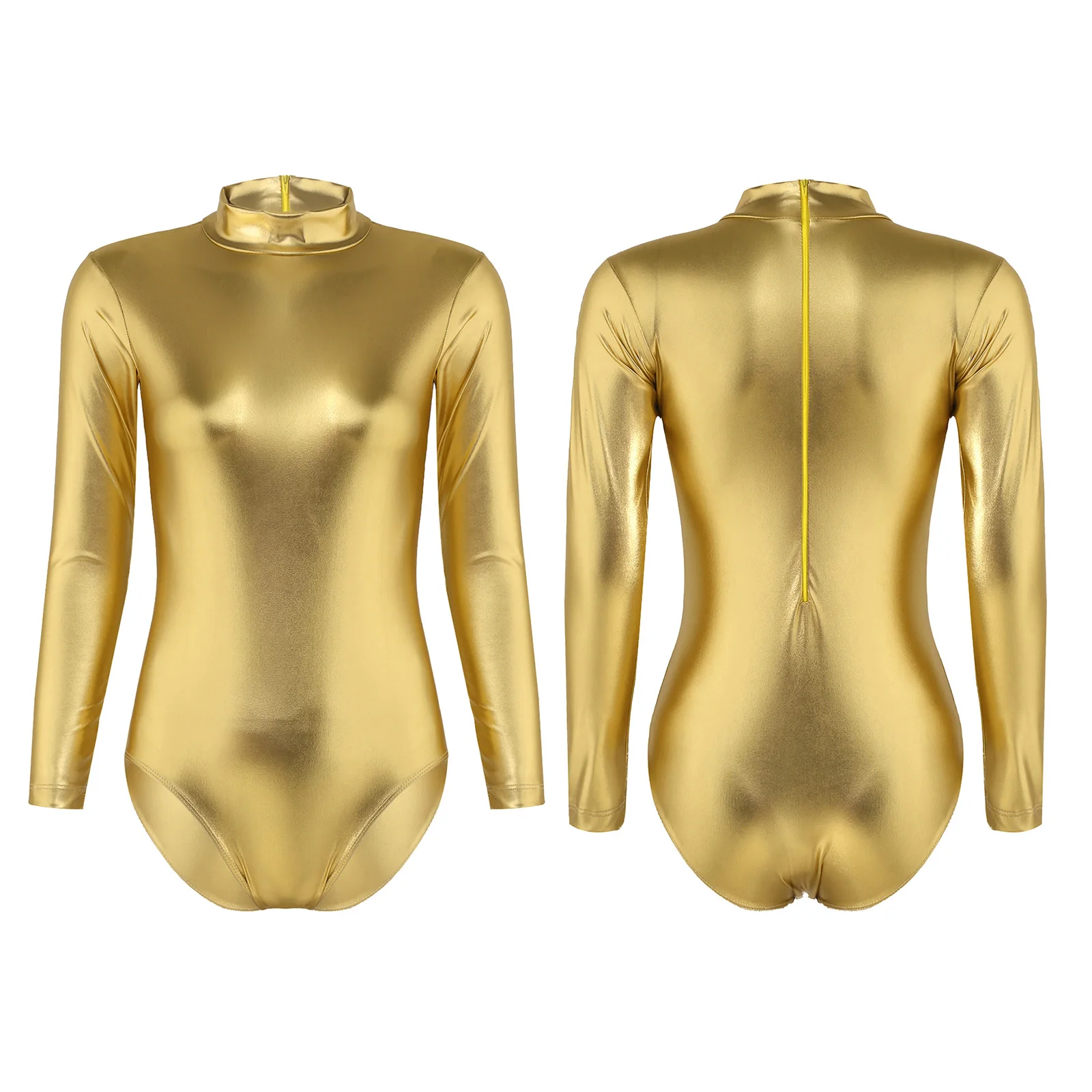 Womens Gymnastic Leotard Ballet Dance Dress Metallic Long Sleeve Training Bodysuit Dancewear Ladies Stage Performance Costumes