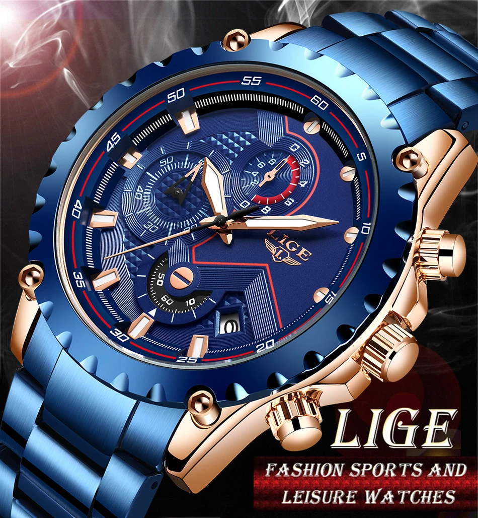 Лидирующий бренд LIGE мужские часы модные синие водонепроницаемые спортивные часы из нержавеющей стали Мужские кварцевые часы мужские Хронограф Reloj Hombre