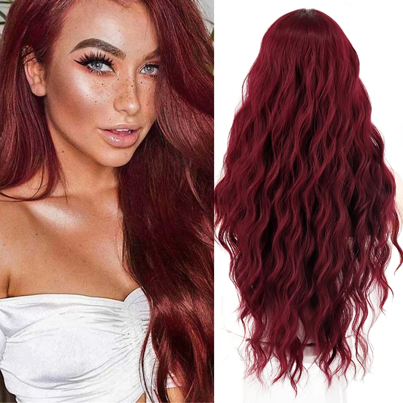 WERD Long Wavy Wine Red Synthetic Wig Women's Heat-Resistant Natural Half Part Cosplay Party Lolita Wig