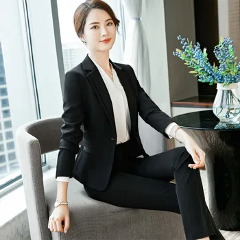 

Elegant Women Black Suit Set Blazer Trouser Pant Single Button Plus Size 4XL Jacket Business Office Lady Sets Blazers