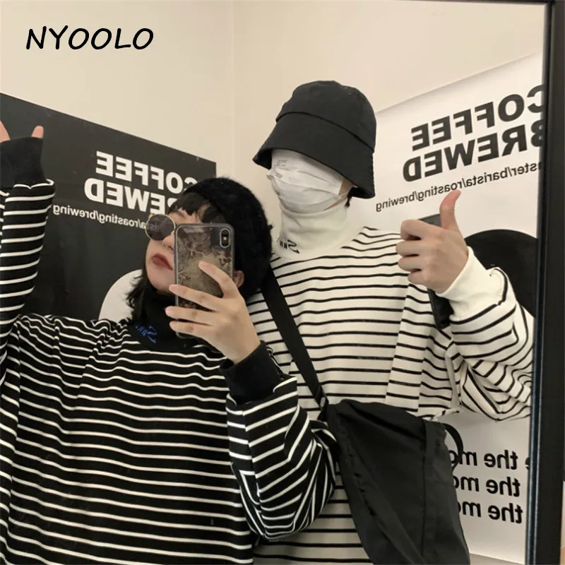 NYOOLO Harajuku уличные буквы вышивка полосатый толстый теплый худи осень зима свободные пуловеры водолазка Толстовка для женщин и мужчин