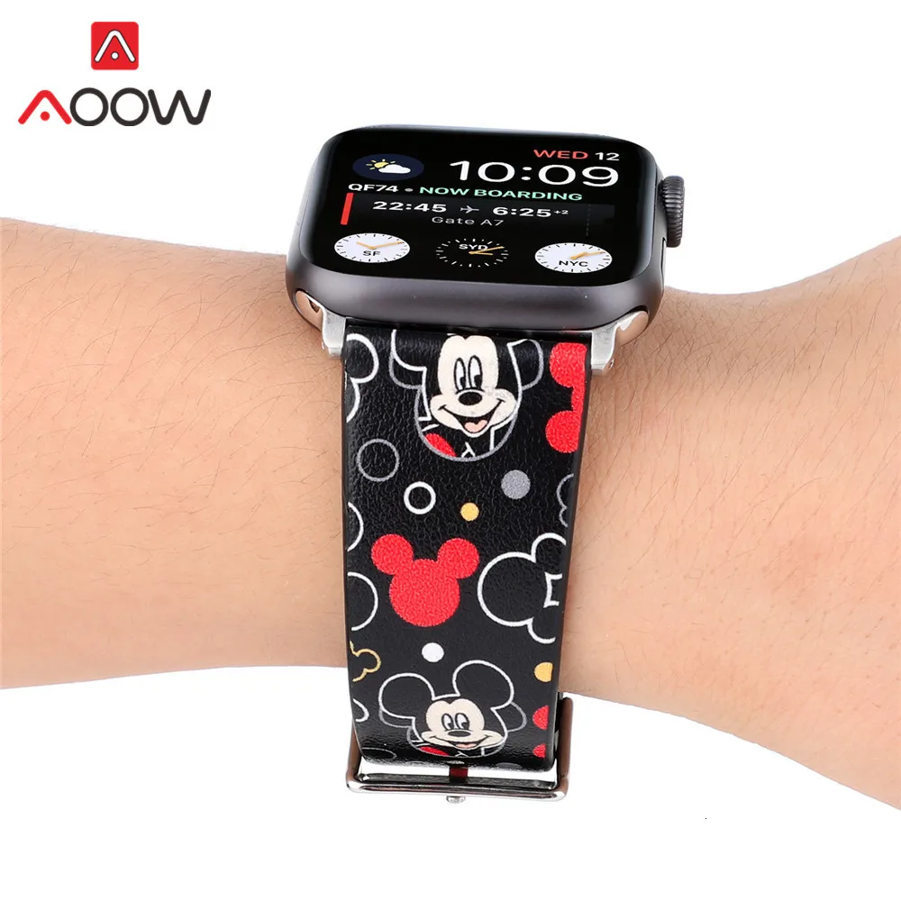 Ремешок для часов из натуральной кожи для Apple Watch 4, 40 мм, 44 мм, 38 мм, 42 мм, браслет с принтом Микки Мауса, ремешок для iwatch 1, 2, 3