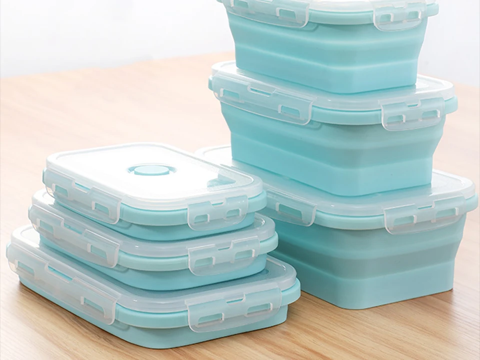 Силиконовый складной Ланч-бокс, контейнер для хранения еды, Bento BPA Free, Microwavable, портативный, для пикника, кемпинга, прямоугольная, открытая коробка