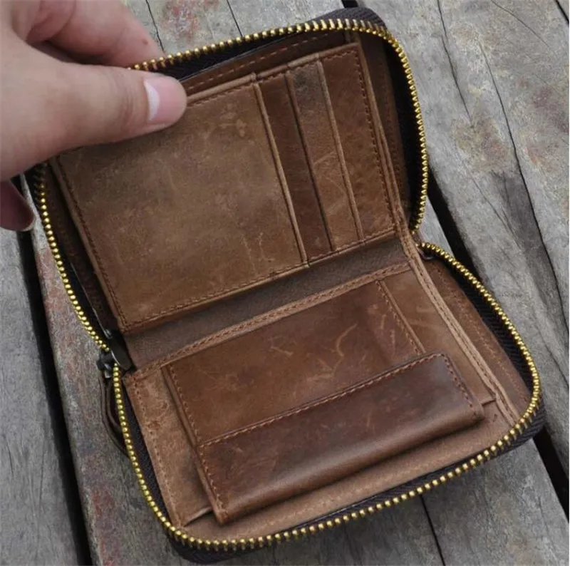 Кошельки из натуральной кожи мужские винтажные кошельки на молнии с кармашком