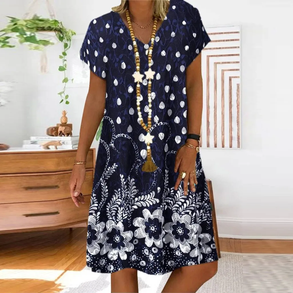 women's summer Dot Floral Print Dress Patchwork Summer Loose V-Neck Short Sleeves Lady Sundress Beach Plus Size #25 | Женская одежда