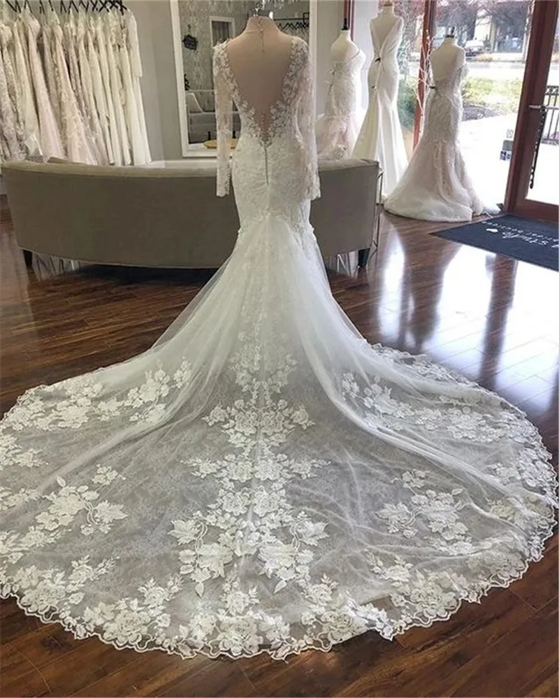 Vestido De Noiva Mermaid Wedding Dress 2022 Long Sleeve Lace Sheer Scoop Neck Backless Sexy Bridal Dress Robe De Mariee bridal shower dress