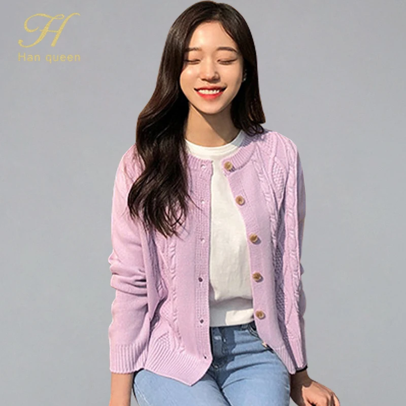 

H Han Queen Women Casual Loose Retro Sweater Cardigans Single-breasted Knitted Outwear Tops Hollow Stretch Mujer Jumpers Autumn
