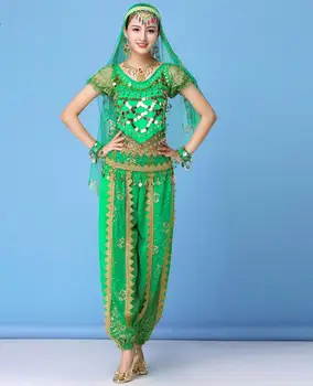 

Indian Belly Dance Costumes Women Stage Clothes Sari Belly Dance Pants Outfit 5 PCS/Set Trousers+jacket+waist Chain+veil+clip